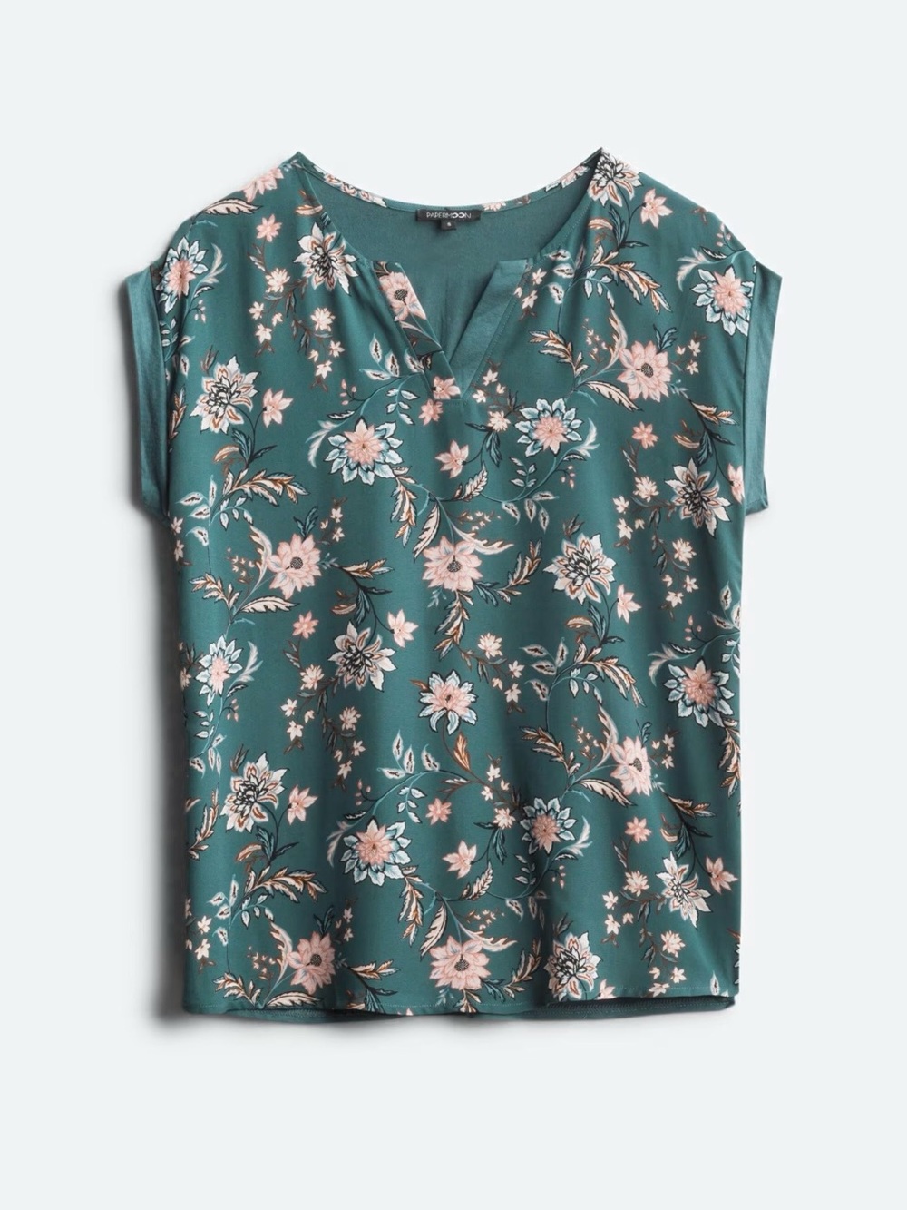 Papermoon Reece Mixed Material Teal Floral Split-Neck Cap Sleeve Top